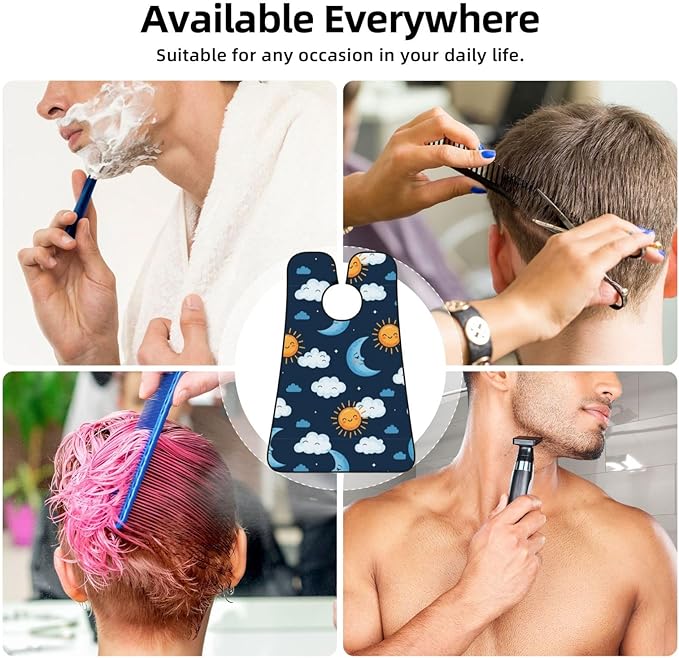 Adjustable Non-Stick Beard Apron, Hair Catcher Cape for Shaving Grooming, Waterproof with Suction Cups Men, Blue Sky Camo Boho Sun Moon Shave Bib
