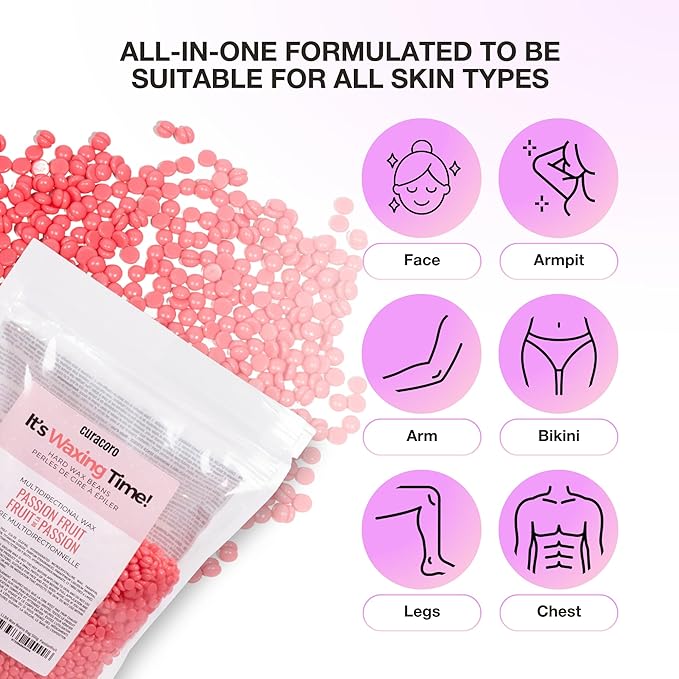 Curacoro Italian Wax Beans - 500g Hard Wax Beads for Full Body Hair Removal on Face, Body, Brazilian, Bikini, Legs, Underarms, Skin-Friendly Waxing Beads for Women & Men, Made in Italy (Passion Fruit)