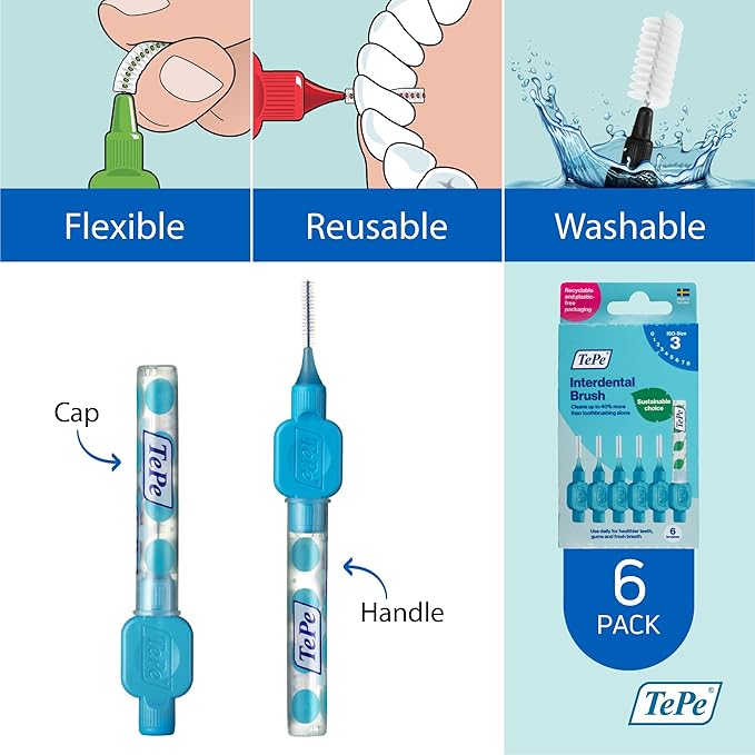 TePe Interdental Brush Original, Soft Dental Brush for Teeth Cleaning, Pack of 6, 0.6 mm, Medium Gaps, Blue, Size 3