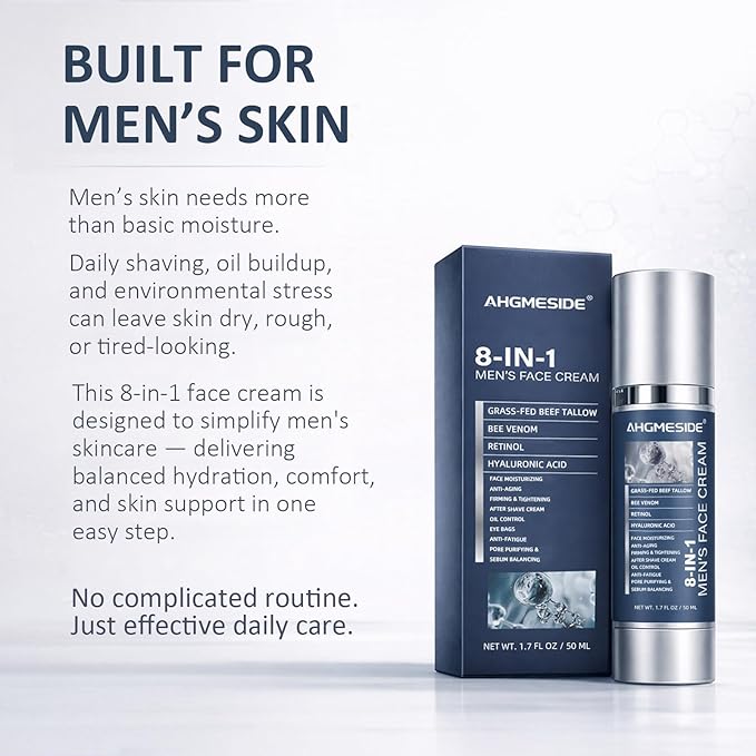 8-in-1 Face Cream for Men,Anti-Aging Daily Moisturizer with Hyaluronic Acid & Shea Butter,Helps Smooth Wrinkles & Reduce Puffiness, Lightweight Men's Formula, 1.7 oz