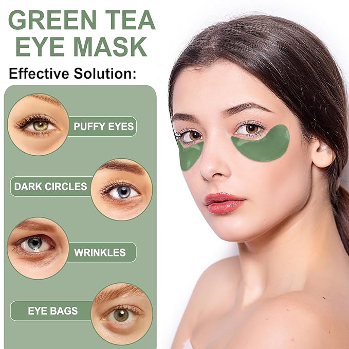 LAVONE Eye Mask - 30 Pairs Green Tea Eye Patches Skin Care Products for Dark Circles and Puffiness, Reduce Wrinkles and Fine Lines, Eye Patches for Women and Man,with Hair Clips