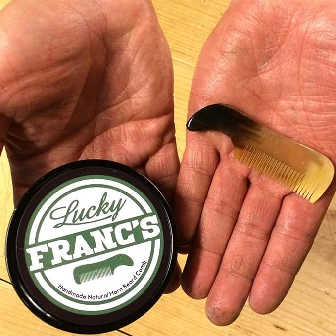 Lucky Franc's Handmade Ox Horn Fine Tooth Comb for Men's Beards and Mustaches - Static-Free, Pocket Size, Metal Tin Gift