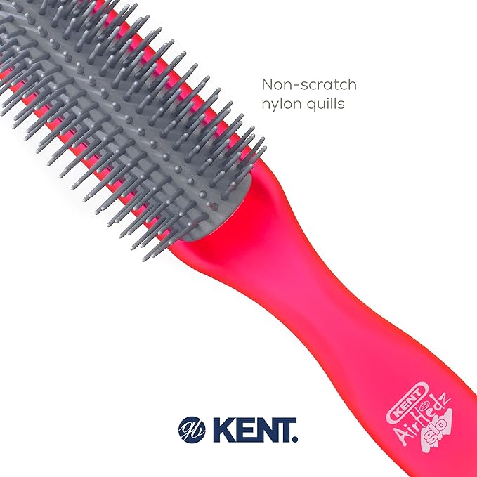 Kent AHGLO01 Airhedz Glo Red Half Round Narrow Detangling Hair Brush - 9 Row Ionic Anti Static Non Scratch Long Nylon Bristle Great for Detangling and Smoothing Medium to Long Length Hair