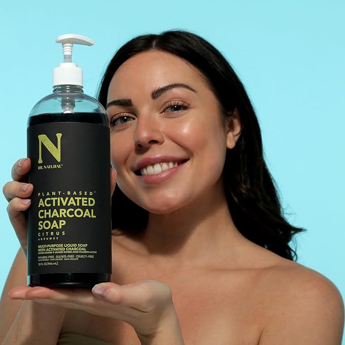 Dr. Natural Activated Charcoal Liquid Soap - Combat Acne and Blemishes - Deep Cleansing Body Wash - Gentle Body Soap for Clear Skin - Citrus - 32 oz