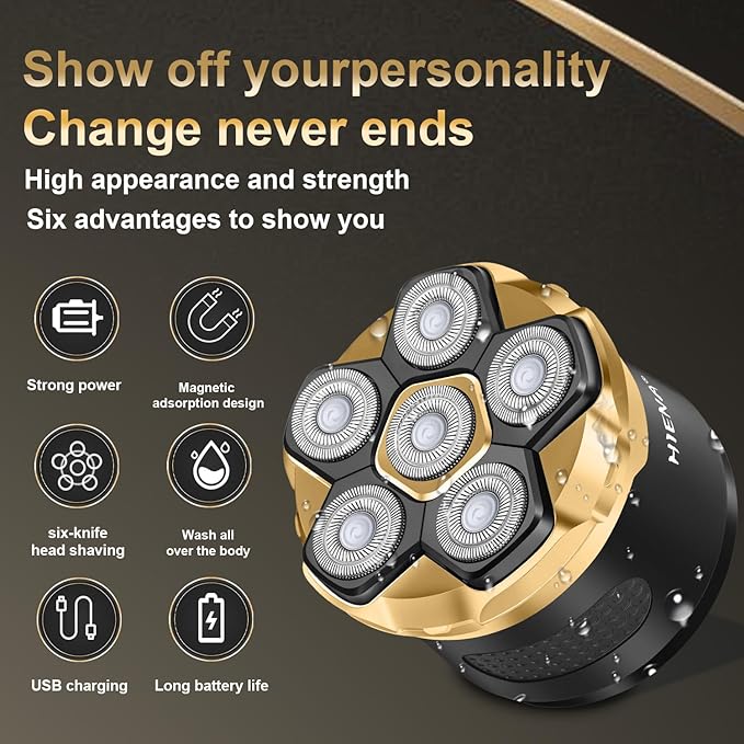 HIENA PRO Head Shaver for Bald Men - 6D Magnetic Rotating Shaver, Rechargeable Bald Head Razor Kit, Waterproof Electric Razor with LED Display (Gold)