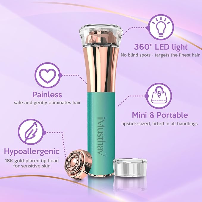 Facial Hair Remover for Women – Painless 16mm Dual Ring Floating Head Blade, Portable, Electric Razor & Epilator for Flawless Face, Lips & Chin – with 18K Gold-Plated Head, 360° LED Light