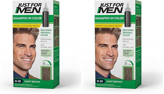 Just For Men Shampoo-In Color (Formerly Original Formula), Mens Hair Color with Keratin and Vitamin E for Stronger Hair - Light Brown, H-25, Pack of 2