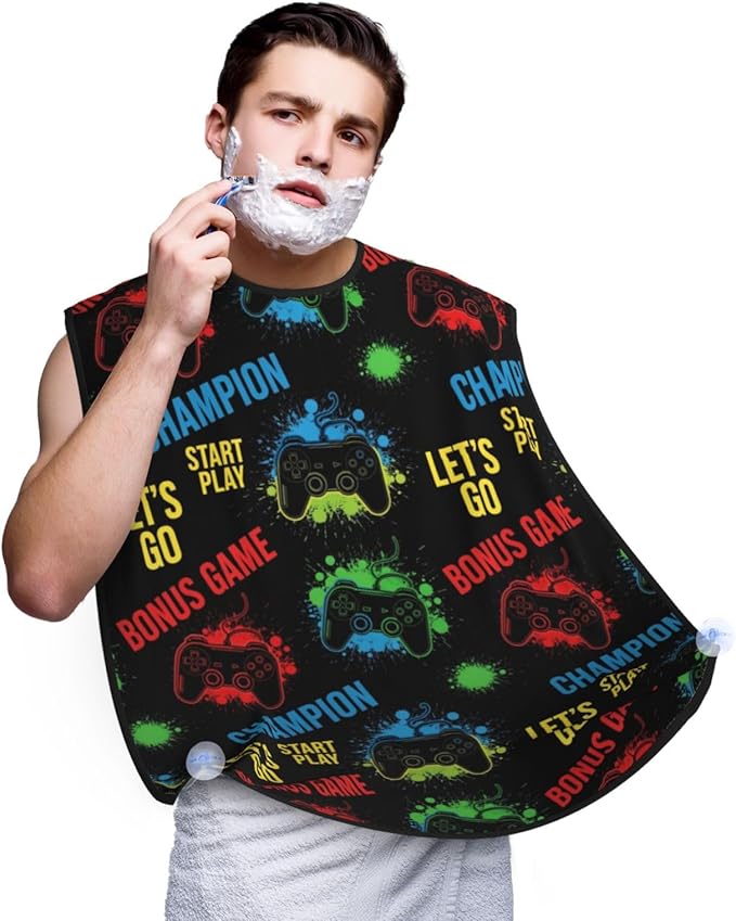 Ultimate Shaving Bib, Beard Trimming Apron with Hair Catcher, Video Gamers Joystick Play Video Game