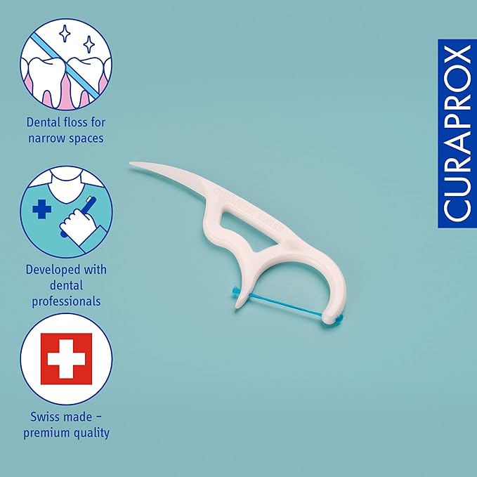 Curaprox Flosspic – Dental Floss and Toothpick in One for Interdental Cleaning | Ergonomic Design, 30-Pack | Swiss Made