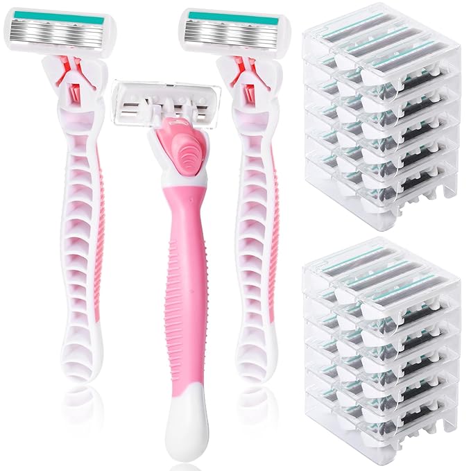 Lasnten 39 Pcs Disposable Women Razors 6 Blade Sensitive Skin Shaving Razor Set Include 3 Non Slip Handles and 36 Refills(Pink)