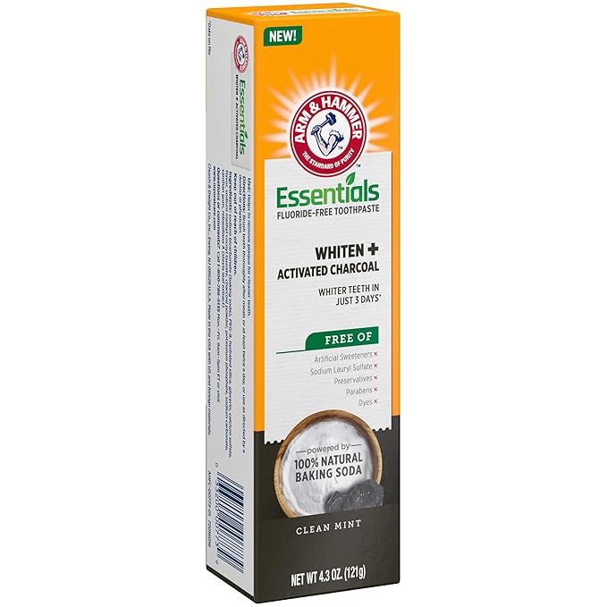 ARM & HAMMER Essentials Fluoride-Free Toothpaste, Whitening + Activated Charcoal Toothpaste, 4 Pack of 4.3oz Tubes, Clean Mint, 100% Natural Baking Soda