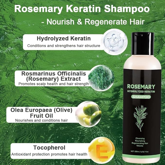 Rosemary Hair Growth Shampoo,Rosemary Hydrolyzed Keratin Shampoo, Nourishes and Regenerates Hair for Thinning Hair & Hair Loss for Women and Men-200Ml*2Pcs