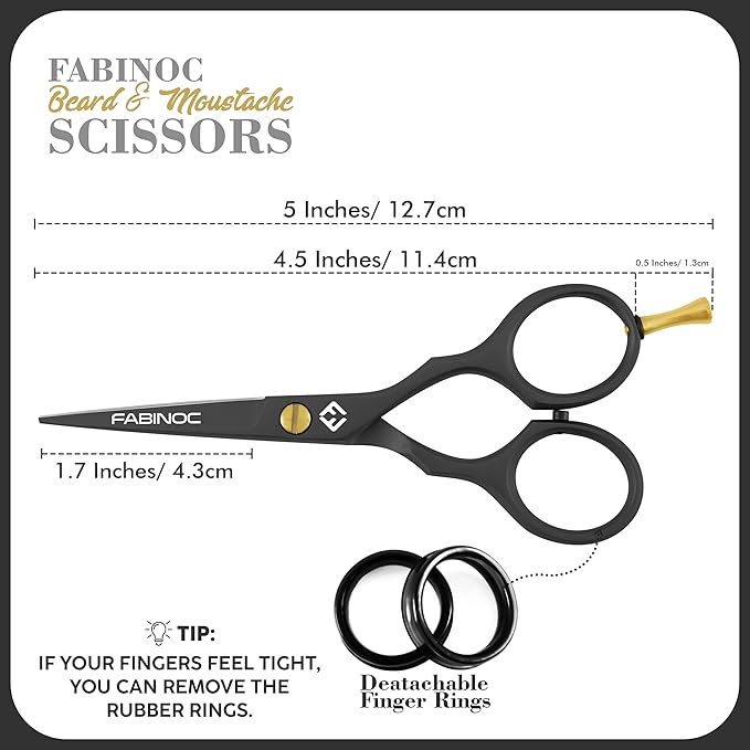 Beard and Mustache Scissors for Men 5" with 2 Combs & Pouch – German Quality Stainless Steel Hand-Forged Grooming Scissors for Facial Hair Trimming (Black)