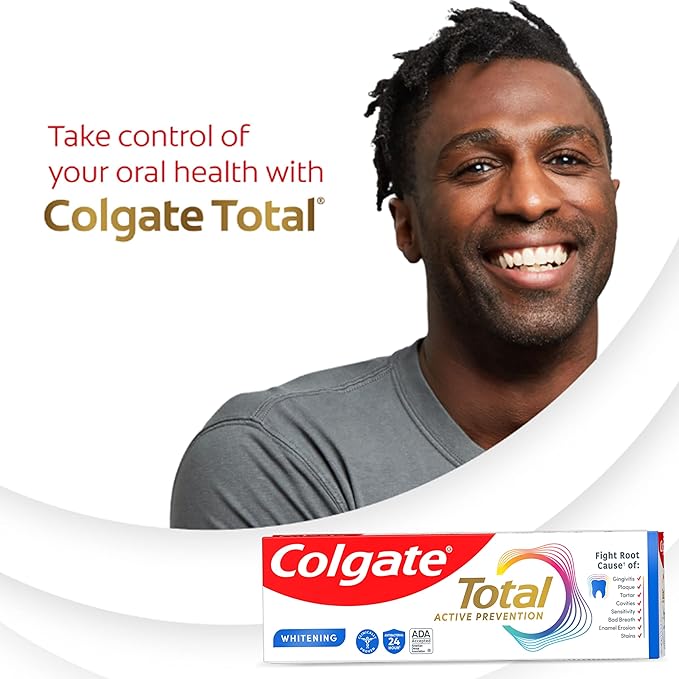 Colgate Total Whitening Toothpaste Paste, 5.1 oz, 2 Pack, Fluoride Antibacterial for Plaque, Gingivitis, Sensitivity, Stain Removal, Clinically Proven, Mint