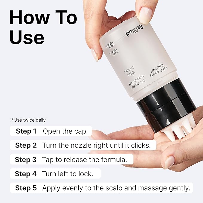 REFILLED Booster Plus Moisture | Hair Growth Serum & Thickening Scalp Treatment with Built-in Massager for Men & Women | Hair Loss & Thinning | Fuller & Baby Hair Regrowth | Fast-Absorbing with Biotin