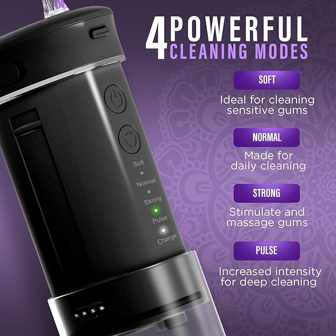 GuruNanda Compact Water Dental Flosser, Portable Travel Size Oral Irrigator Flosser with Collapsible 180 ml Tank, Smart Timer, 4 Flossing Modes, TSA-Friendly - Black