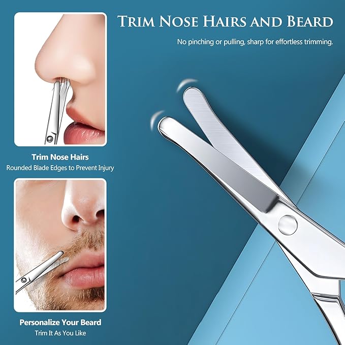 2Pcs Facial Hair Small Grooming Scissors For Men Women - Eyebrow, Nose Hair, Mustache, Beard, Eyelashes, Ear Trimming Kit - Curved and Rounded Safety Tip Clippers For Hair Cutting - Silver