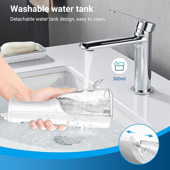 White Cordless Water Flosser for Teeth | Portable Oral Irrigator with 4 Modes | IPX7 Waterproof, Rechargeable, 300ml Water Tank for Everyday Oral Care & Travel