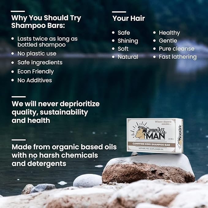 Grown Ass Man Co. - Solid Shampoo Bar Rich Lather 3 in 1: Hair, Beard & Body Wash - Plastic Free & Eco-Friendly, Natural & Organic Clean for All Hair Types, 4oz Bar (Campfire King, 6-Pack)