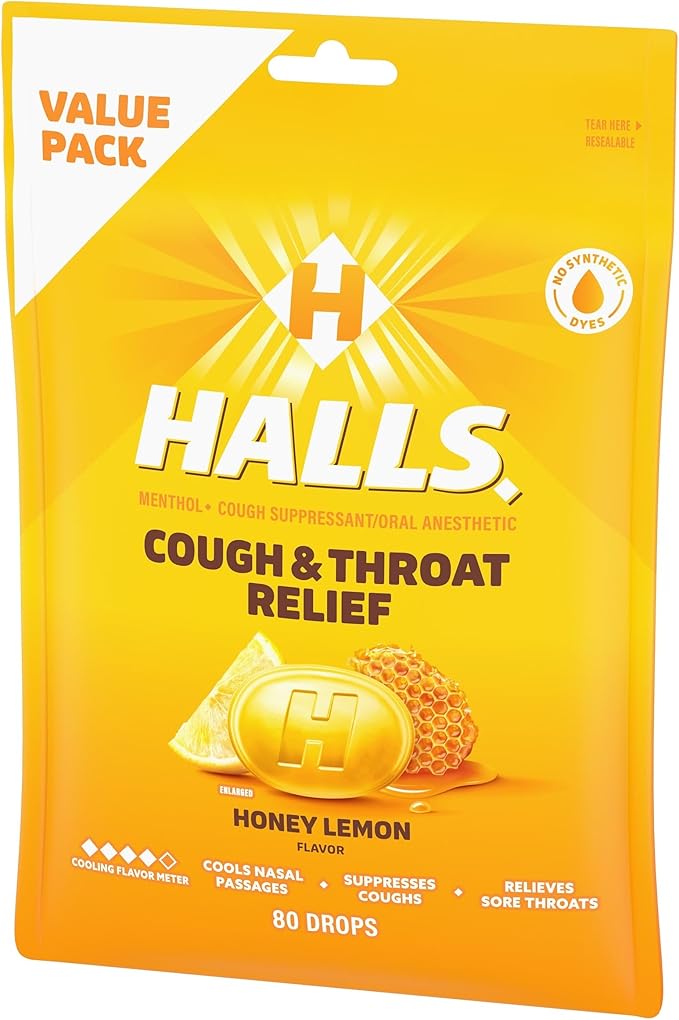HALLS Relief Honey Lemon Cough Drops, Economy Pack, 80 Drops