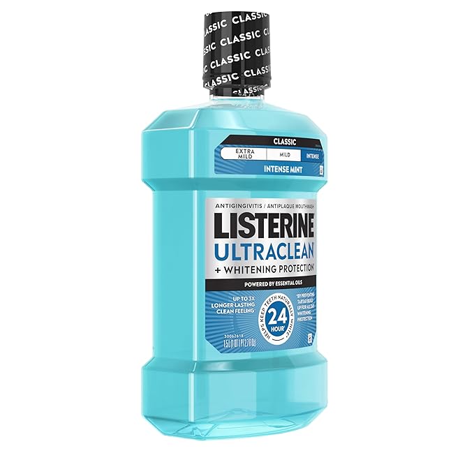 Listerine Ultraclean Intense Antiseptic Mouthwash + Whitening Protection*, Everfresh Technology to Help Fight Bad Breath, Gingivitis, & Plaque, Tartar Control Oral Rinse, Intense Mint, 1.5 L