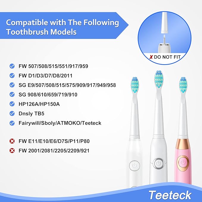 teeteck 5 Pack Electric Toothbrush Replacement Heads Compatible with Fairywill，Toothbrush Heads Compatible with FW-507/508/551/515/917/959/2011,FW-D1/D3/D7/D8