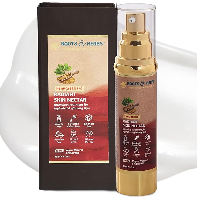 ROOTS AND HERBS Ayurvedic Skin Nectar Natural Treatment 100% For Hydrated and Glowing Skin Vegan Fenugreek Skin Food Serum and Moisturiser for Face and Neck, 1.01oz