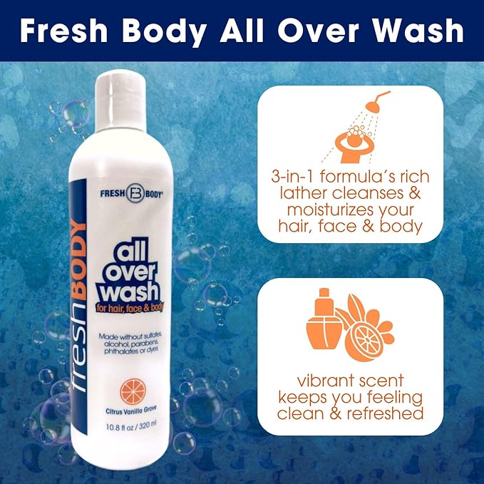 Fresh Body All Over Wash Travel Size Body Wash & Shampoo for Men & Women (3 Pack) - Citrus Vanilla Grove Shower Gel for Hair, Face & Body, 3.4oz - No Alcohol, Sulfates, Dyes or Parabens