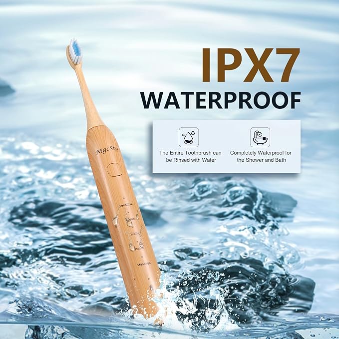 Sonic Electric Bamboo Toothbrush for Adults -5 Adjustable Cleaning Modes -Includes 2 Bamboo Heads with Castor Oil Bristles - Upgraded IPX7 Waterprood -Convenient Charging & Travel Case