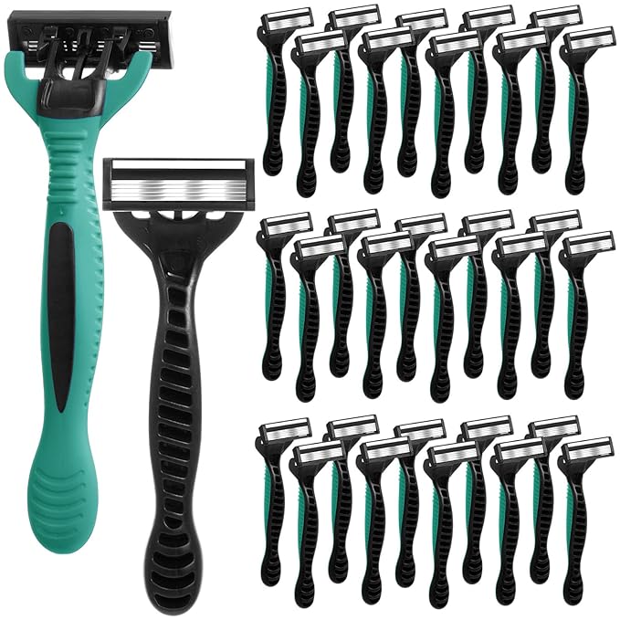 30 Men's 5-blade Disposable Razors for Sensitive Skin, Individually Wrapped Razor Bulk with Rotating Head and Non-slip Handle, Travel Shaving for Home, Hotel, Spa and Business Trips