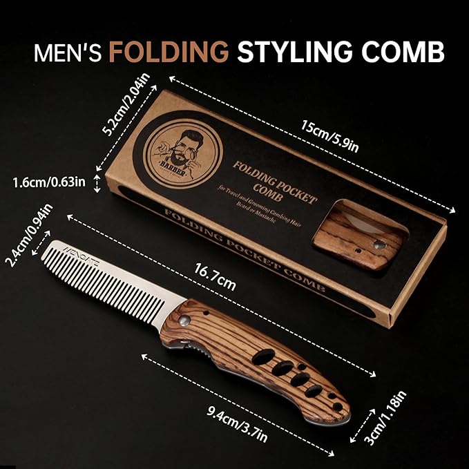 1PC Small Folding Pocket Beard & Mustache & Hair Styling Comb for Men - Metal Tactical Grooming Tool with Wooden Handle, with 180° Rotatable for Outdoor Travel & Home Use - Length 6.57inch