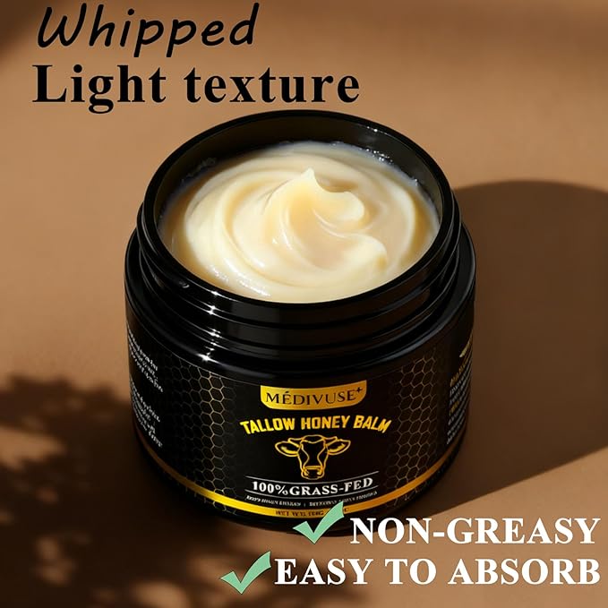 MediVuse Tallow and Honey Balm - 100% Grass-Fed Beef Tallow for Skin with Organic - Deeply Moisturizing Beef Tallow for Face Body - Natural Formula Care for Dry & Sensitive Skin(5.3 OZ), Raw Honey