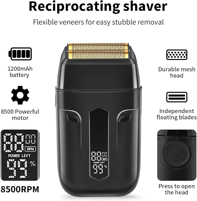 HIENA PRO Professional Reciprocating Electric Shaver for Men, Cordless Beard Trimmer & Bald Head Precision Trimmer, Foil Shaving and Men's Facial Grooming Tool with LED, Gifts for Men