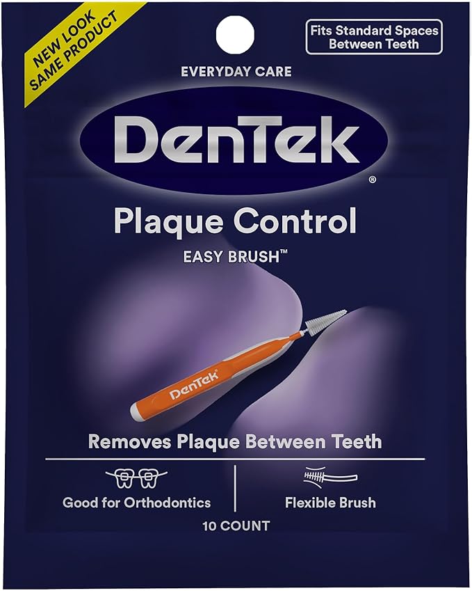 Dentek Interdental Brushes - Standard, Mint Flavor, 10 Count - Easy-Brush Interdental Plaque Remover with Fluoride - Cleans Tight Spaces Around Teeth, Braces & Other Dental Appliances