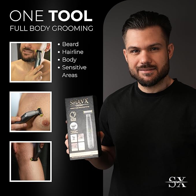 SX-PRO Body Hair Trimmer & Electric Razor for Men | Skin-Safe Razor Blades for Sensitive Areas | Pubic Hair, Chest, Legs, Bikini & Full Body Shaver, Rechargeable Waterproof | Silver