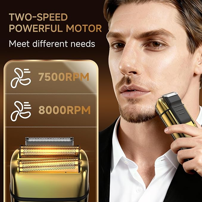 Electric Foil Shaver for Men,Electric Razor with Pop-up Trimmer,Cordless Beard Trimmer,Waterproof,Wet & Dry Shaving,LED Display,2-Speed Mode (Gold)