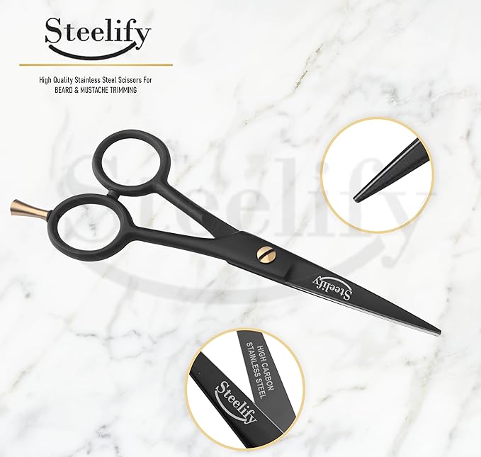 5" Beard Mustache Scissors with 1 Mustache Comb, 1 Beard Comb and Leather Pouch – Professional Beard Trimming Scissors for All Facial Hair – Grooming Scissors Men