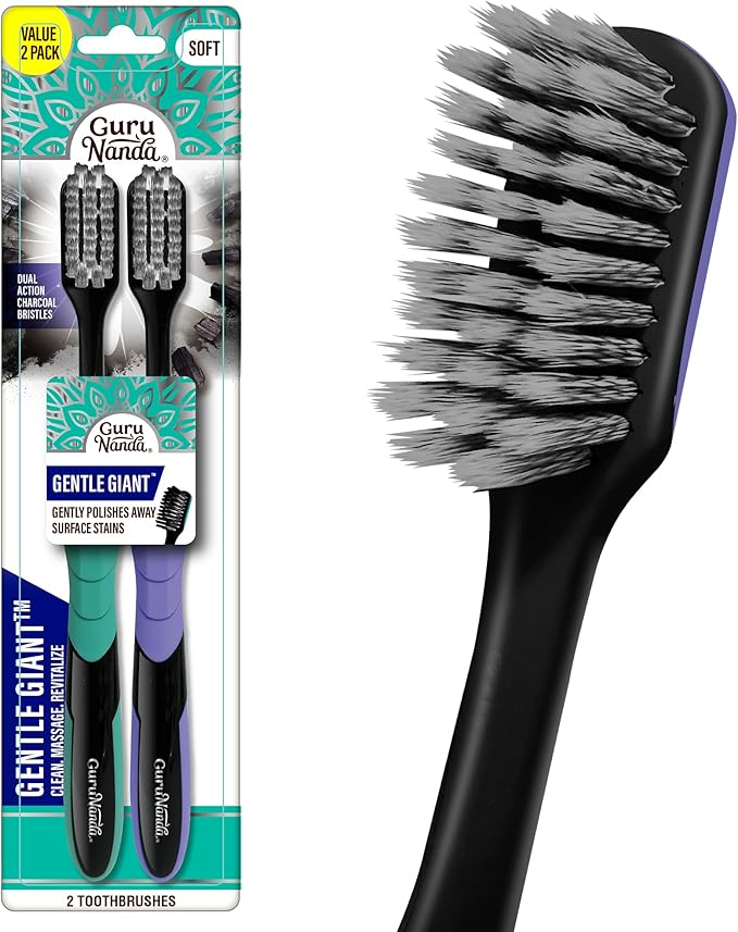 GuruNanda Gentle Giant Charcoal Toothbrush - Dual Action Flossing Spiral Bristles, Non-Slip Ergo Dexa Grip Handle, Helps in Teeth Whitening, BPA Free, 2ct