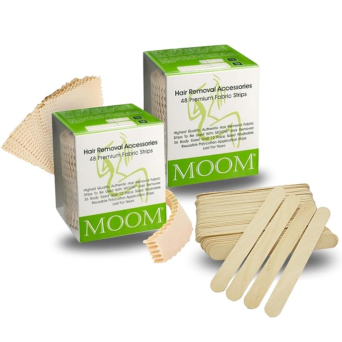 Moom Waxing Strips 96 Strips Bundle with 30 Waxing Sticks – Natural PolyCotton Hair Removal for Body, Bikini, Face & Eyebrows – Reusable, Gentle, Max Grip for Smooth Skin