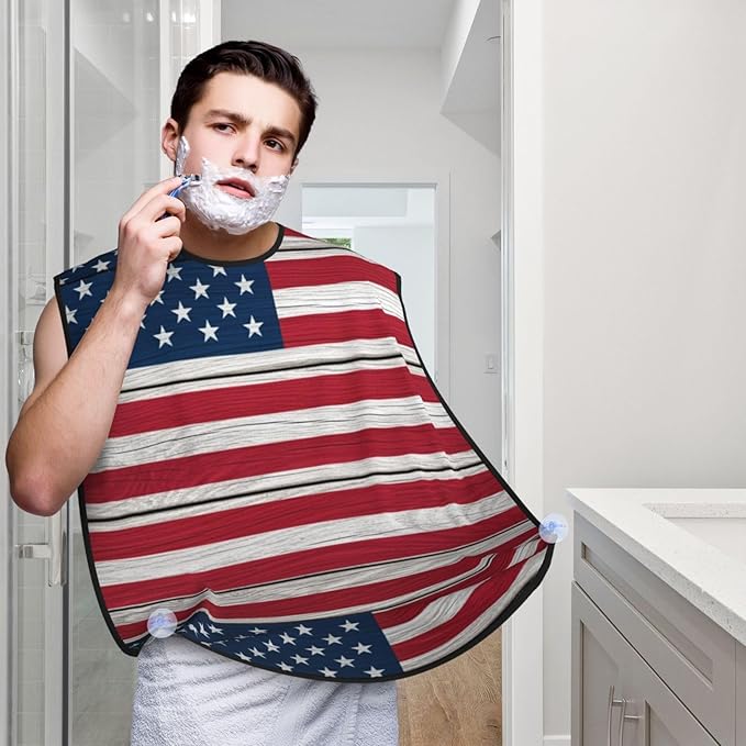 Adjustable Beard Catcher Apron, Wooden American Flag Shave Bib, Non-Stick Waterproof Grooming Bib, Shaving Essential for Men Dad Christmas