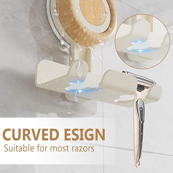 Razor Holder for Shower 1 Pack, Suction Cup Shaver Holder for Wall, Removable&Reusable Suction Cup Hooks for Bathroom, Damage-Free Suction Shower Hooks, Wall Mounted Razor Stand, Beige