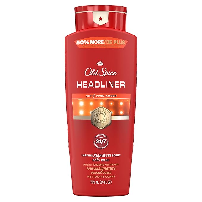 Old Spice Body Wash for Men, 24/7 Shower Fresh & Clean with Daily Use, Lasting Signature Scent, Refreshing Lather, Moisturizing Formula, Headliner with Black Currant, Leather, & Amber Scent, 24 oz