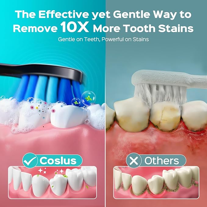 COSLUS Sonic Electric Toothbrush for Adults: 3 Intensities & 5 Modes Gum-Friendly for Deep Cleaning & Whitening - 2 Types of Heads for Family, Sensitive Teeth, Braces, Travel & Home Use, Black, 1PC