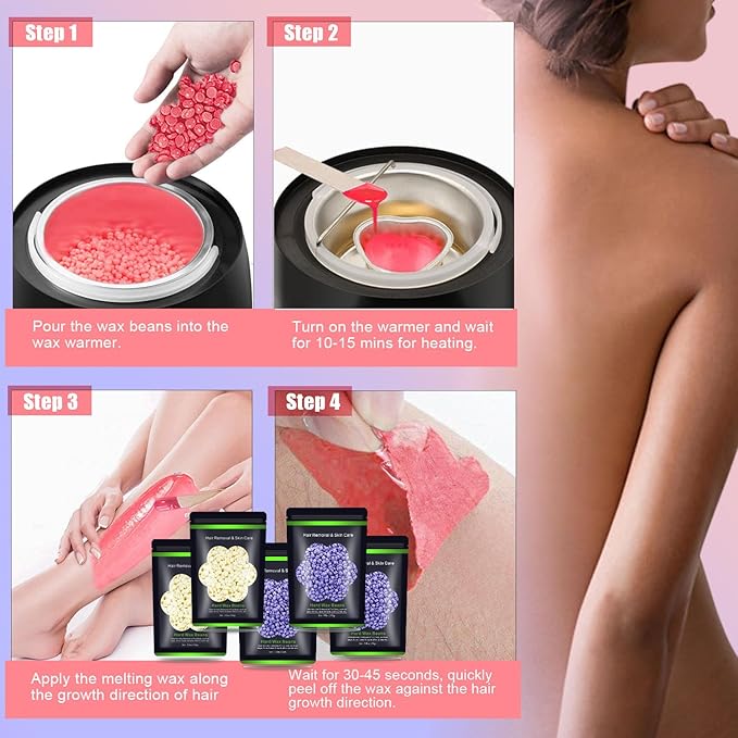 Wax Beads for Hair Removal 1.1 lb (17.6 oz), Hard Wax Beads for Sensitive Skin - Brazilian, Face, Bikini, Legs, Eyebrow, Painless Waxing Beads Kit for Women Men, 5 Packs with 10 Wax Sticks