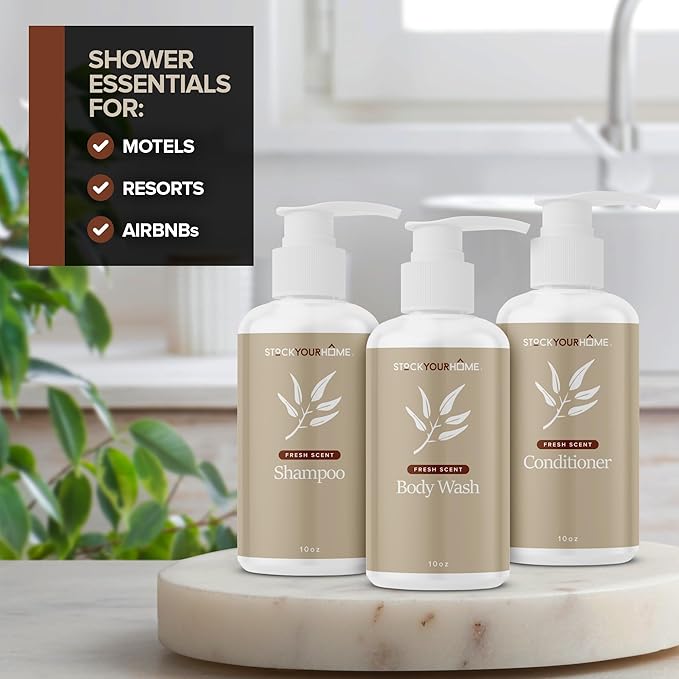 Shower Essentials Set for Men and Women, 3 Piece Shampoo Conditioner and Body Wash Set, 10 oz Bottles, Guest Bathroom Toiletries for Hotels and Rentals