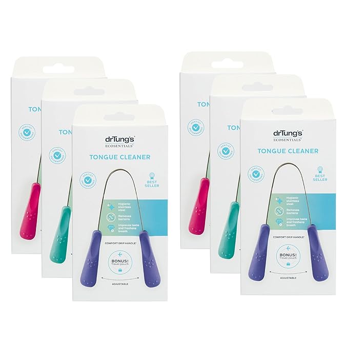 drTung's Stainless Steel Metal Tongue Scraper - Tongue Cleaner for Adults, Kids, Helps Freshen Breath, Easy to Use Comfort Grip Handle, Comes with Fabric Travel Pouch - 6 Pack