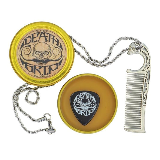 Mustache Wax Extra Strong Hold Death Grip 1 oz Tin & Necklace Death Grip Mustache Comb Mens Combo Kit - Grooming For Men Handlebar Moustache