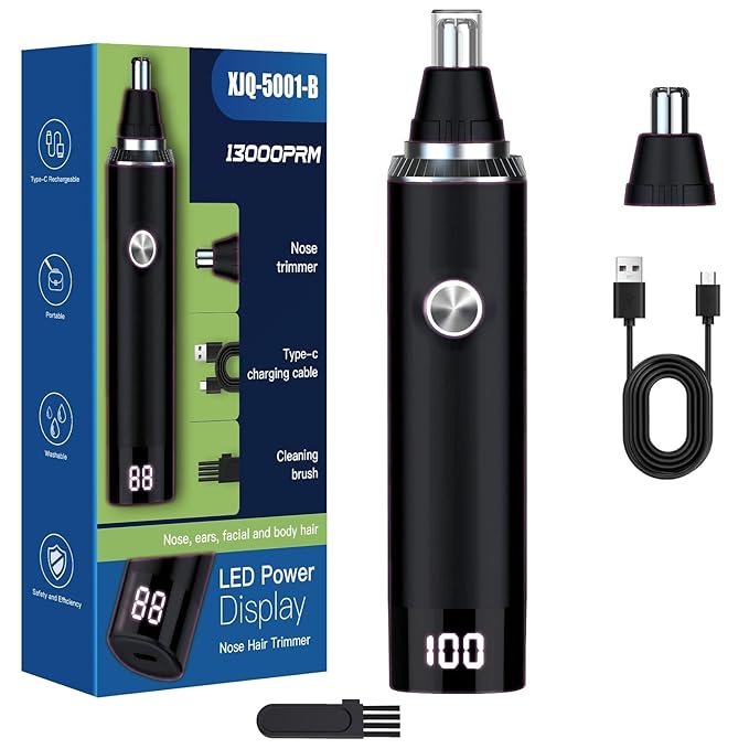 Ear & Nose Hair Trimmer with LED Display for Men Women,Painless USB Rechargeable Eyebrow & Facial & Nose Hair Trimmer Clipper,Professional IPX7 Waterproof Dual Edge Blades (Black)