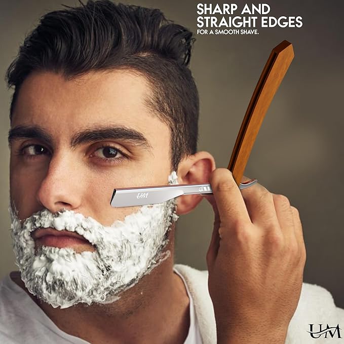 UM Supplies Straight Razors for Men – Professional Barber Straight Edge Razor Kit with 10 Replaceable Insert Single Edge Blades - Navajas Para Barbero (Wooden Straight Handle)