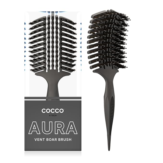 COCCO Aura Vent Boar Brush | Vented Dual-Curved Design for Faster Drying, Effortless Detangling & Shine, Boar + Nylon Bristles, Ergonomic Comfort Handle for Wet & Dry Hair Styling - Black